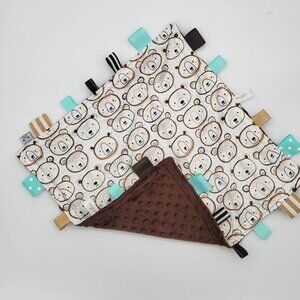Handmade  Bear faced baby Double minky Taggie blanket 20 x 20. Perfect
